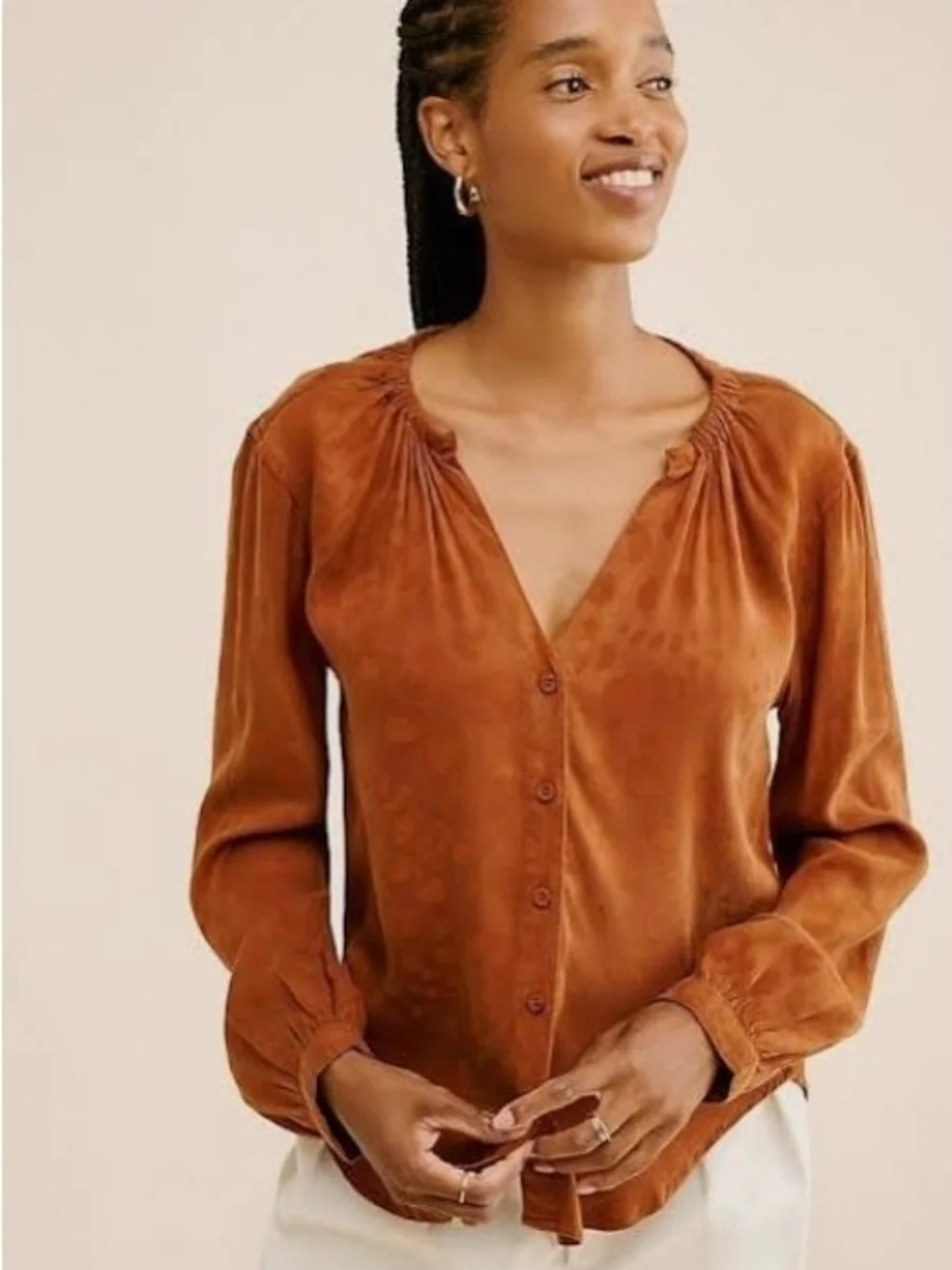 Cloth & Stone Anthropologie Rust Orange Elastic Neck Long Sleeve Blouse Top M